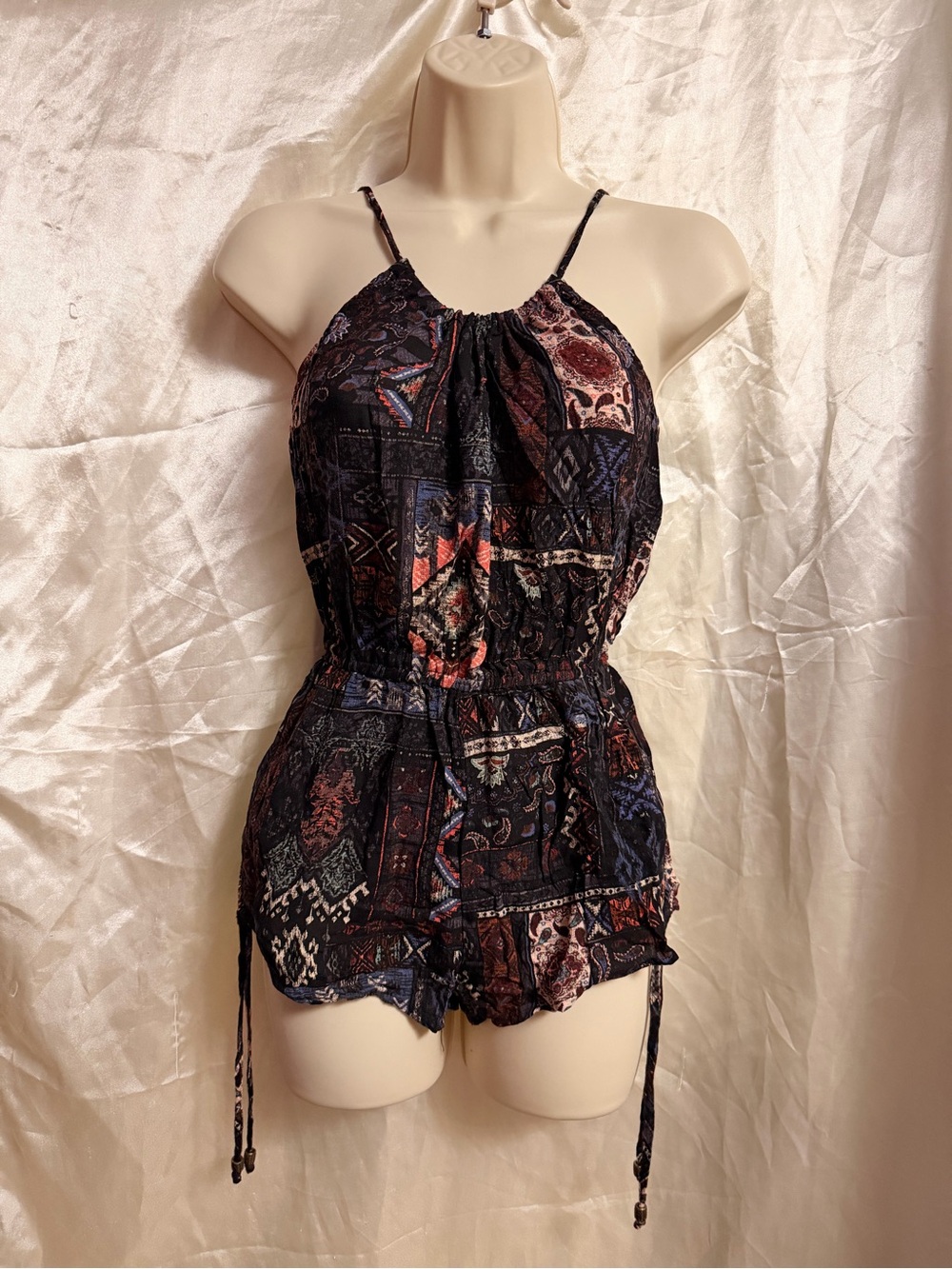 Navy and Burgundy Patchwork Print Romper